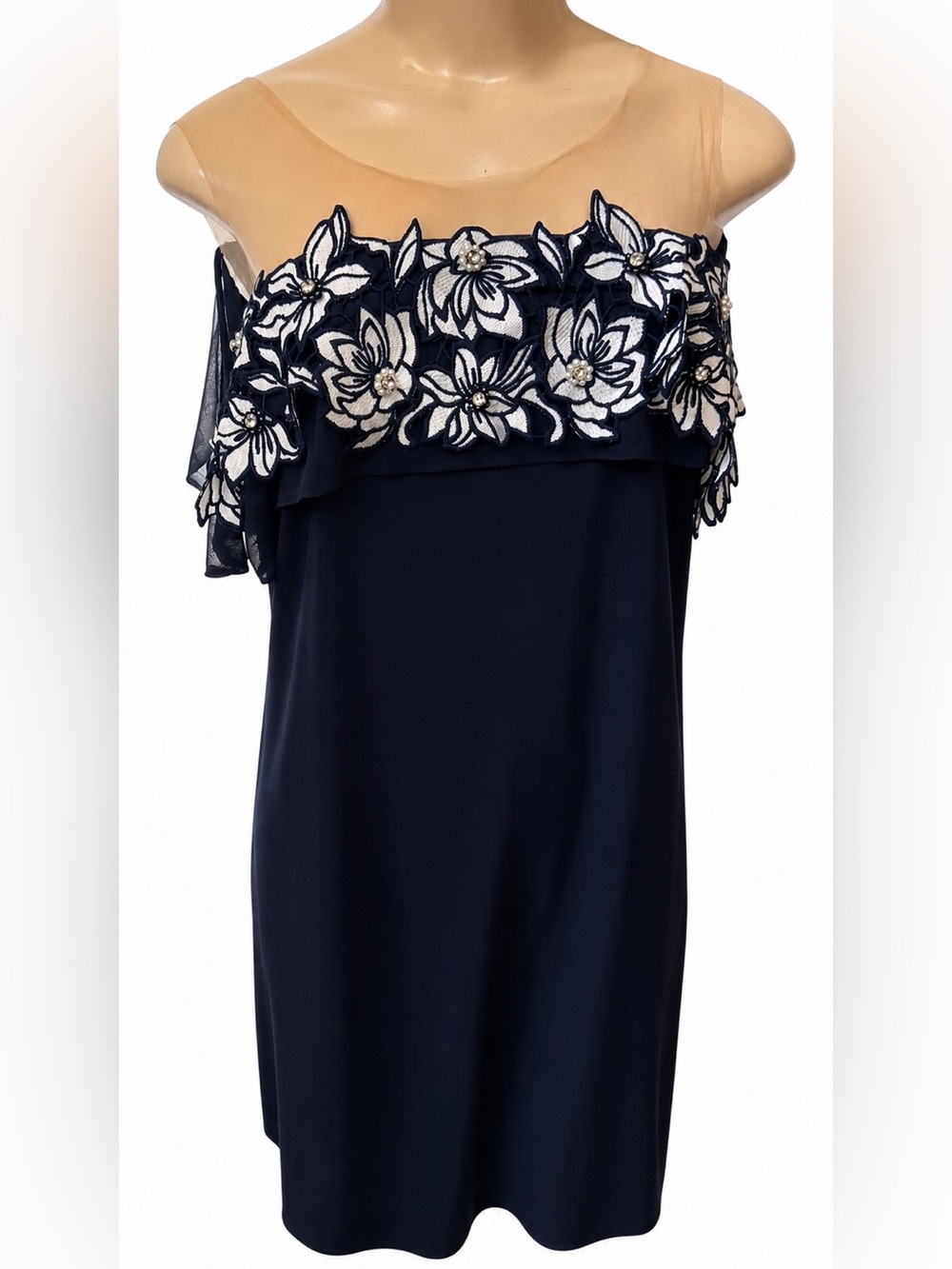 MSK Navy Floral Embroidered Sheer Mesh Cold Shoulder Sheath Knee Dress Size XL
